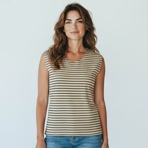 Vintage 80's Claudia D Brown Black Striped Tank Top Round Neck Size L Stretch